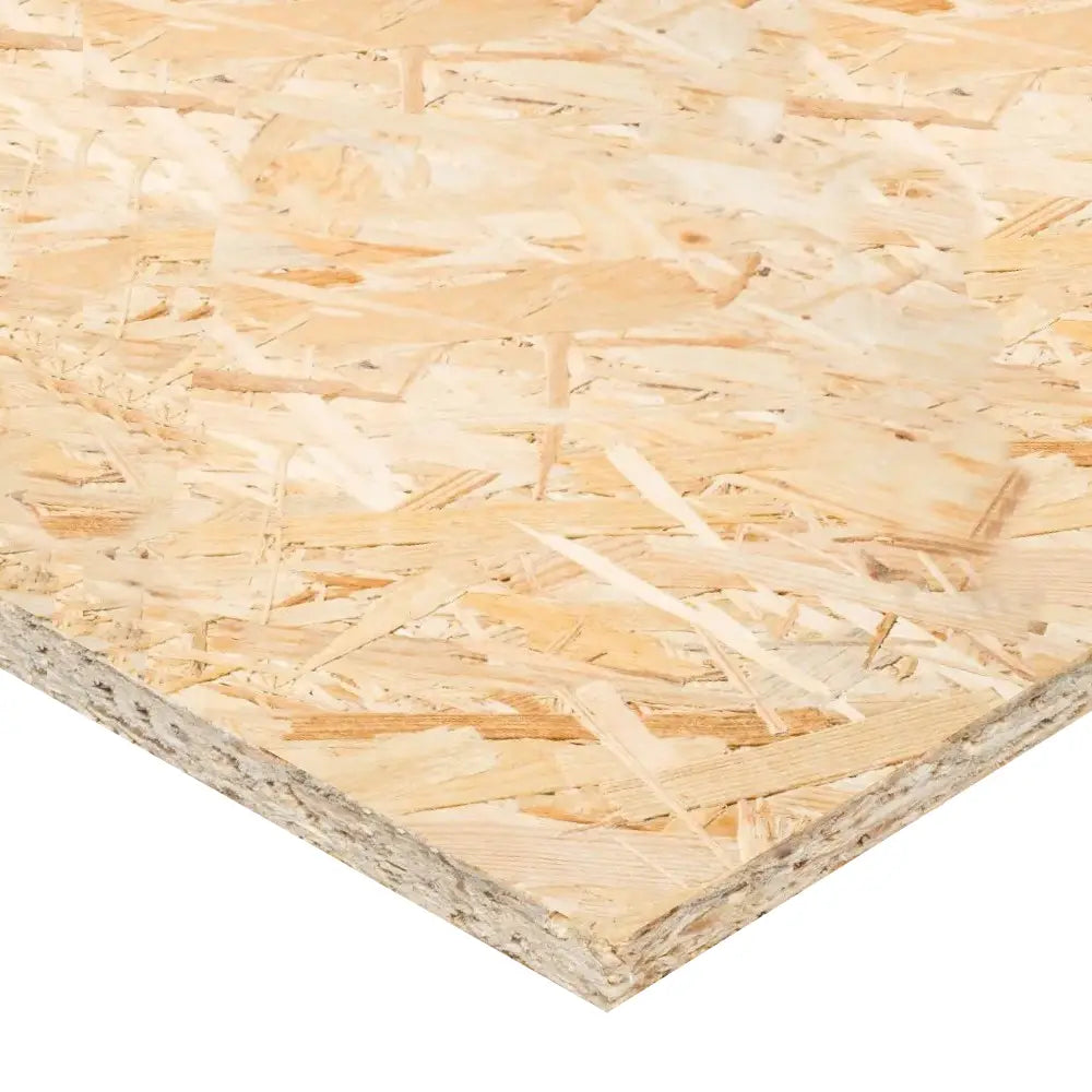 OSB (Oriented Strand Board) sheet with a textured surface commonly used for shed construction, site hoarding, and furniture, particularly with water-resistant projects