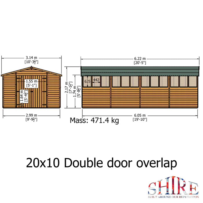 Shire Dip Treated Overlap Shed Double Door With Windows (10x20)