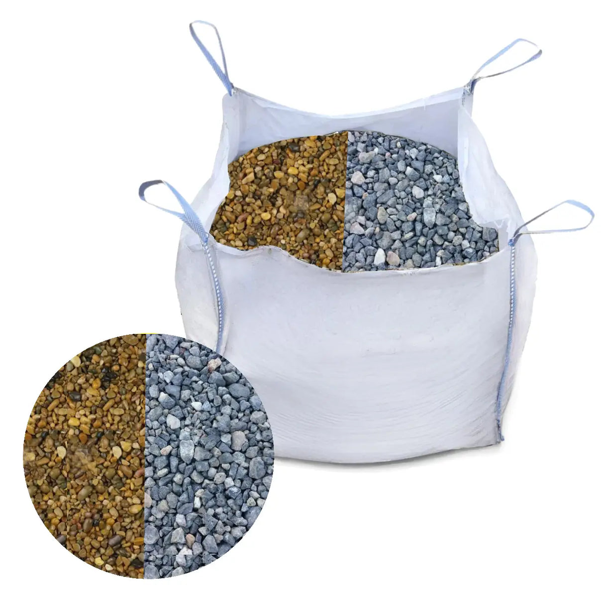 White bulk bag filled with gravel and stone  ideal for mixing with other products when concreting and floor screeding, with a close-up inset showing the material.