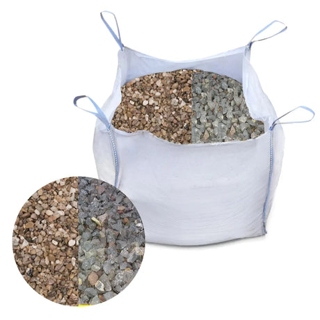 Bulk bag filled with gravel and stone, with a close-up inset of the material. When mixed with sand and cement, it produces concrete for various building projects.