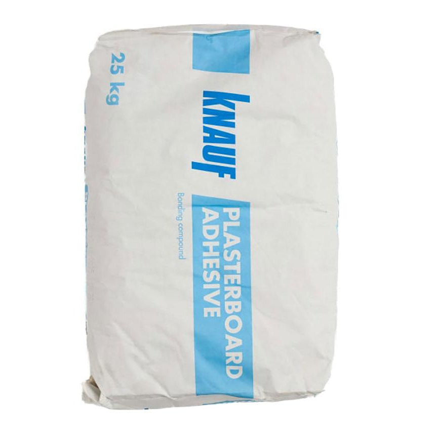 A 25kg bag of Knauf Drywall Plasterboard Adhesive bonding compound, with product information and branding on the packaging.