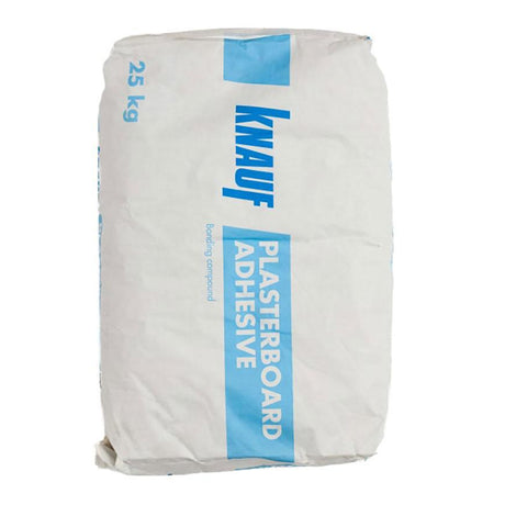 A 25kg bag of Knauf Drywall Plasterboard Adhesive bonding compound, with product information and branding on the packaging.